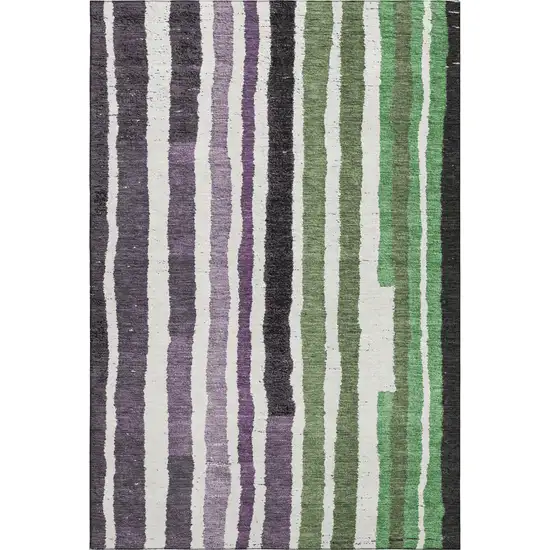 Purple Green And Ivory Striped Washable Area Rug With UV Protection Photo 1