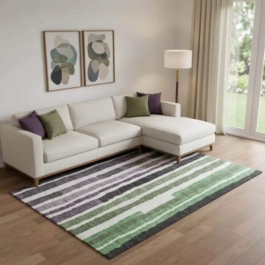 Purple Green And Ivory Striped Washable Area Rug With UV Protection Photo 2
