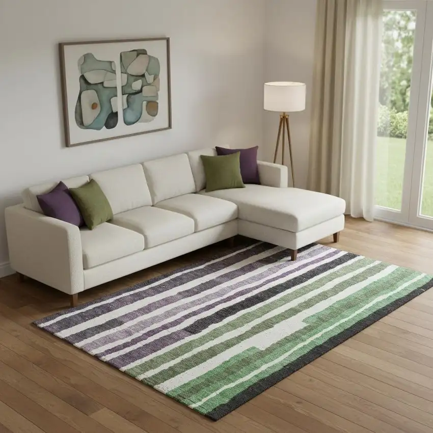 Purple Green And Ivory Striped Washable Area Rug With UV Protection Photo 2