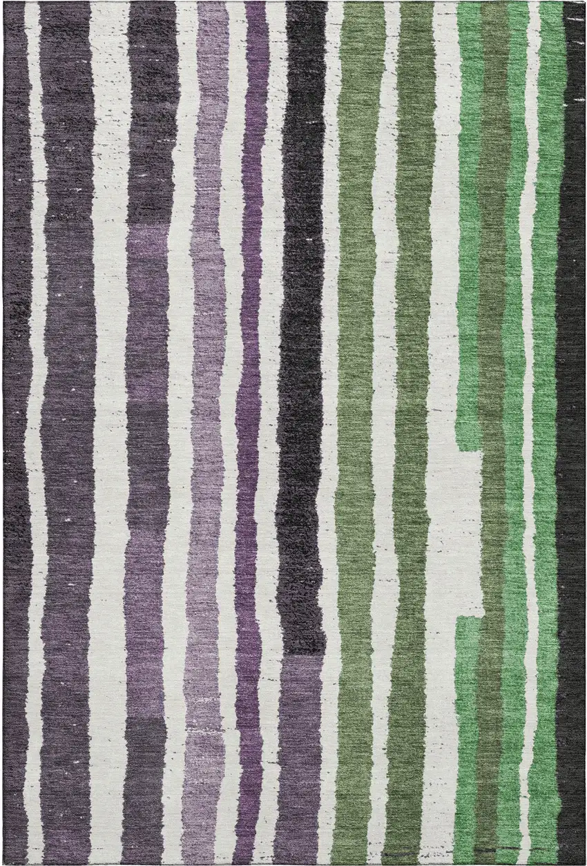 Purple Green And Ivory Striped Washable Area Rug With UV Protection Photo 1