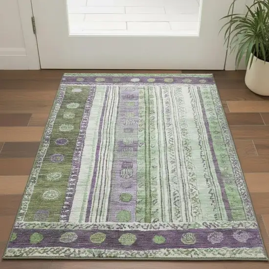 Purple Green And Ivory Striped Washable Area Rug With UV Protection Photo 2