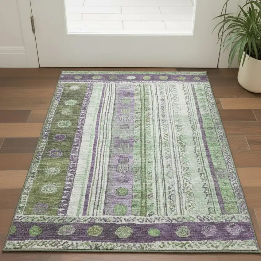 Purple Green And Ivory Striped Washable Area Rug With UV Protection Photo 2