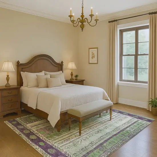 Purple Green And Ivory Striped Washable Area Rug With UV Protection Photo 6