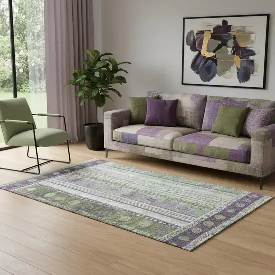 Purple Green And Ivory Striped Washable Area Rug With UV Protection Photo 2