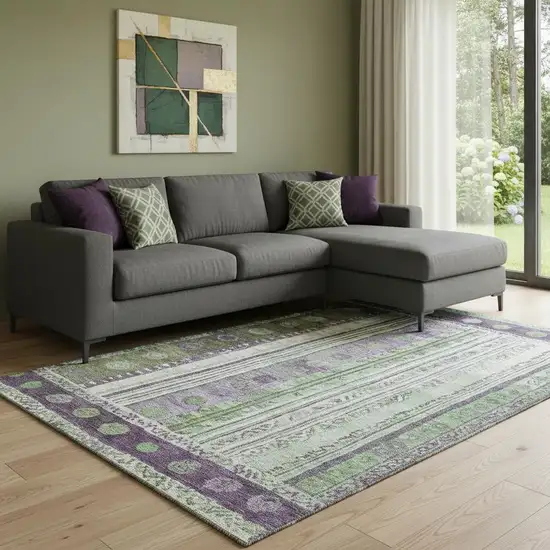 Purple Green And Ivory Striped Washable Area Rug With UV Protection Photo 2