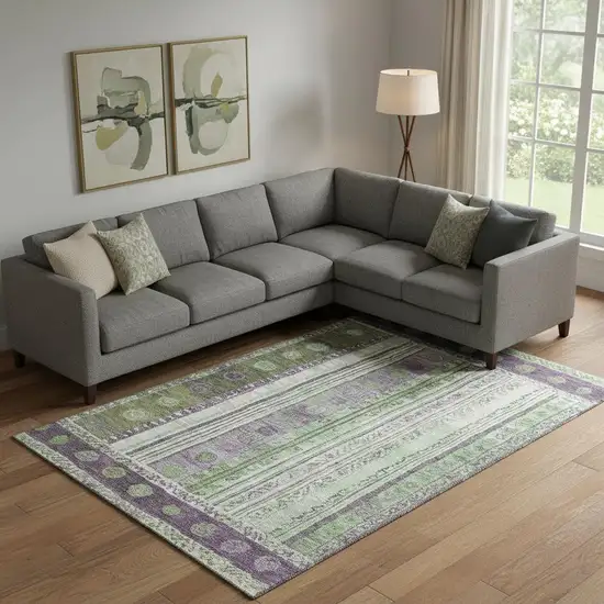 Purple Green And Ivory Striped Washable Area Rug With UV Protection Photo 2