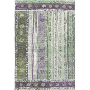 Photo of Purple Green And Ivory Striped Washable Area Rug With UV Protection