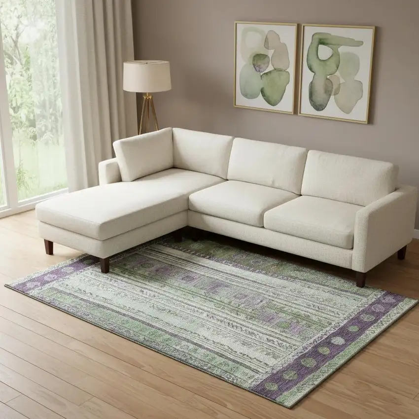 Purple Green And Ivory Striped Washable Area Rug With UV Protection Photo 2