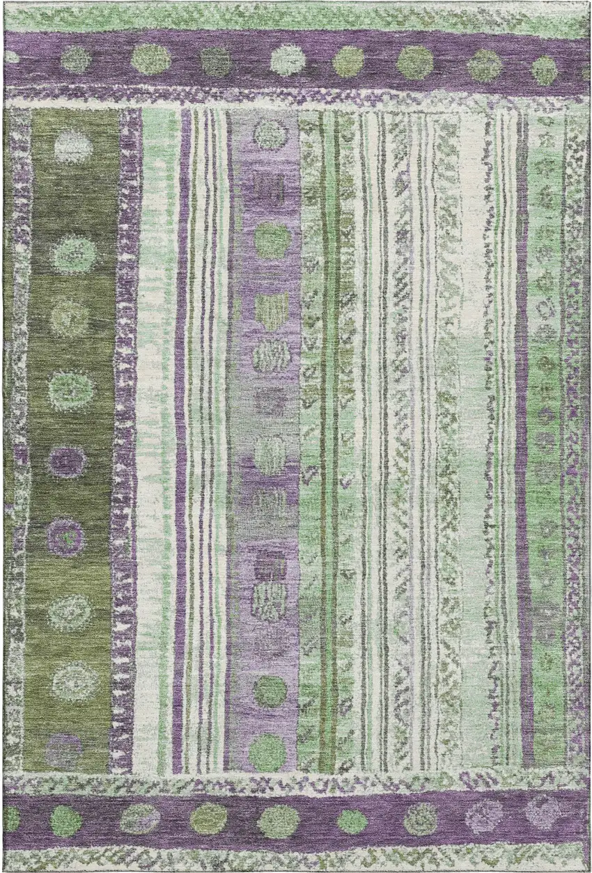Purple Green And Ivory Striped Washable Area Rug With UV Protection Photo 1