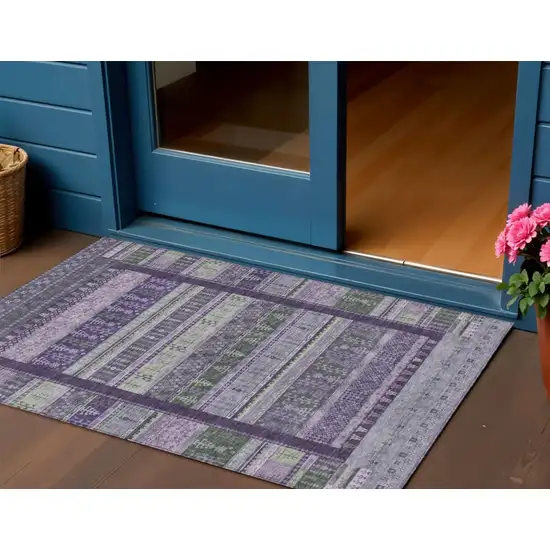 Purple Green And Lavender Striped Washable Indoor Outdoor Area Rug Photo 2