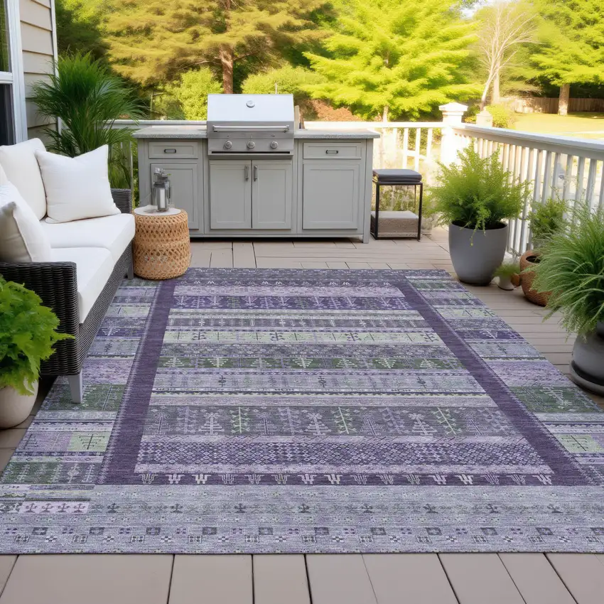 Purple Green And Lavender Striped Washable Indoor Outdoor Area Rug Photo 9