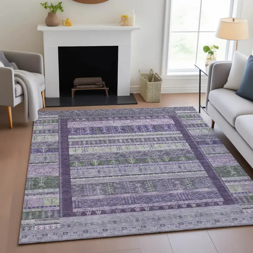 Purple Green And Lavender Striped Washable Indoor Outdoor Area Rug Photo 8