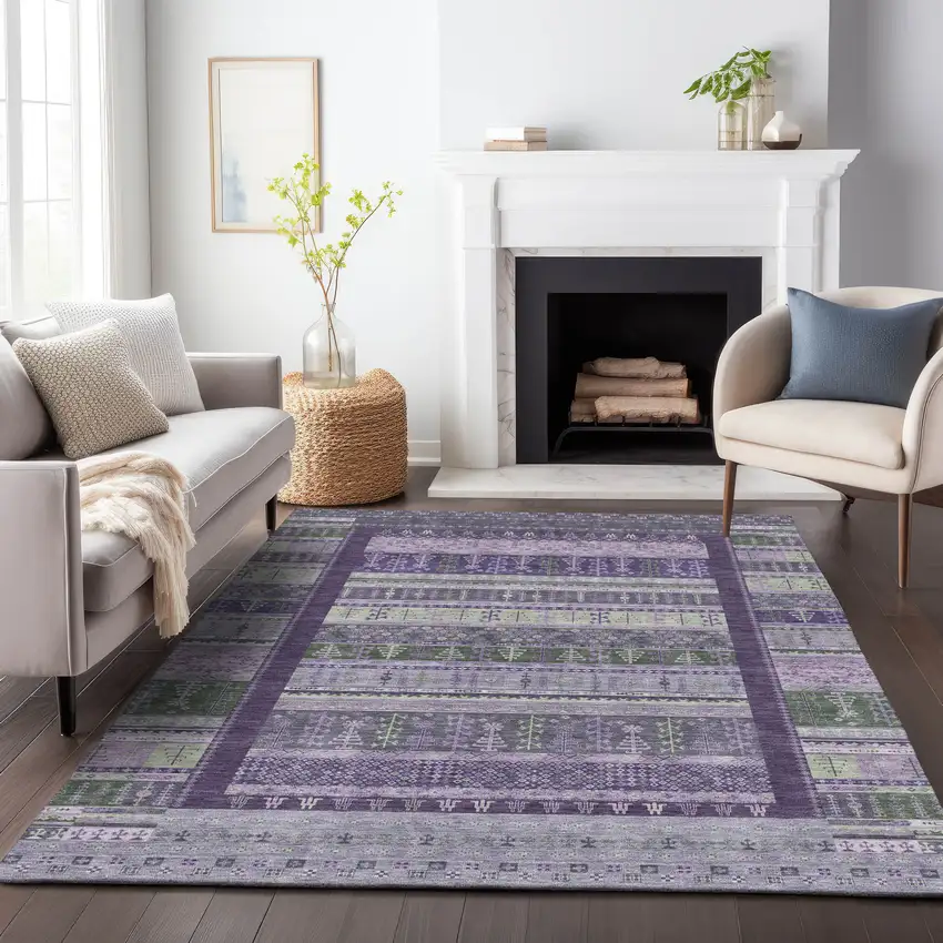 Purple Green And Lavender Striped Washable Indoor Outdoor Area Rug Photo 9