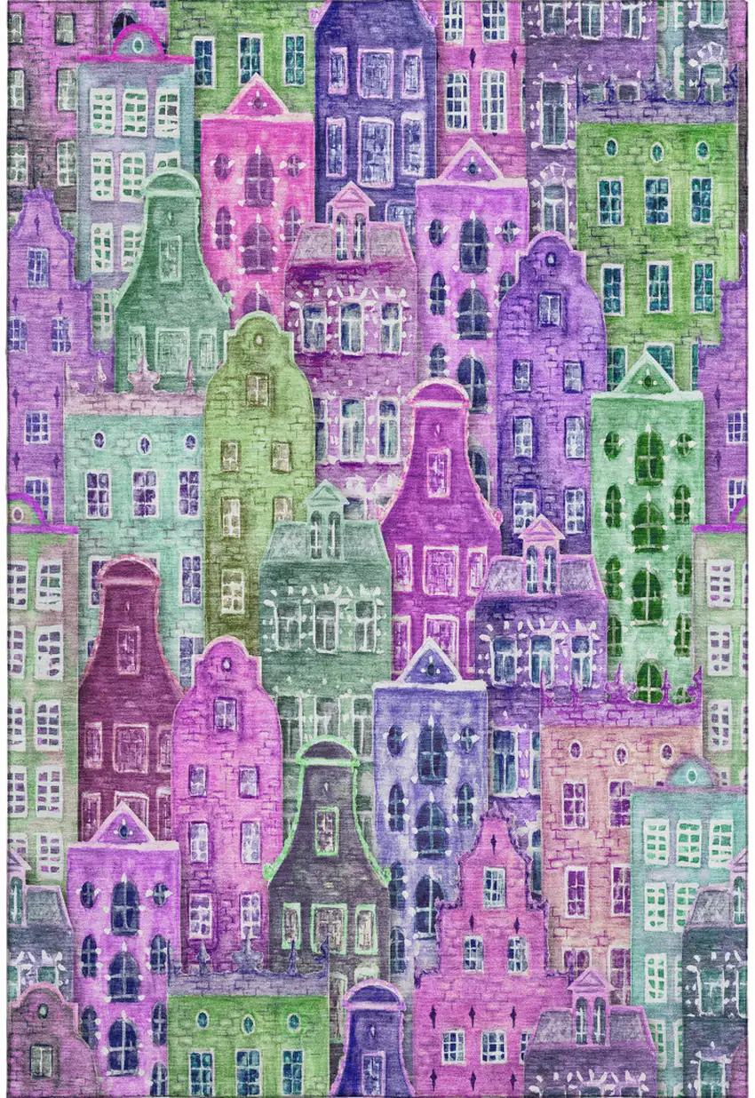 Purple Green And Pink Abstract Geometric Washable Area Rug With UV Protection Photo 1