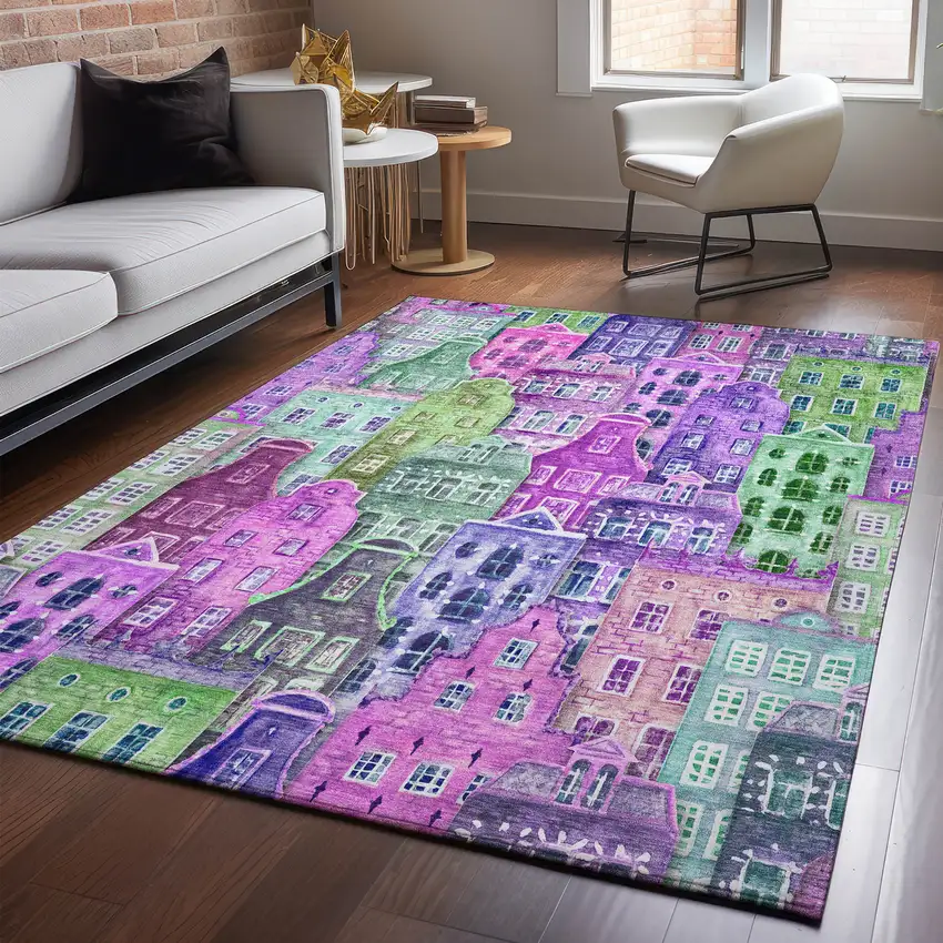Purple Green And Pink Abstract Geometric Washable Area Rug With UV Protection Photo 4
