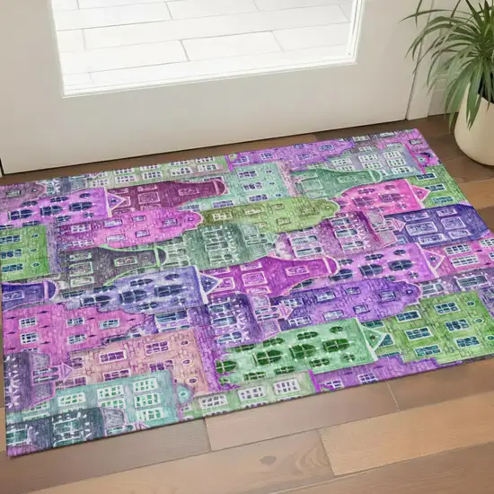 Purple Green And Pink Abstract Geometric Washable Area Rug With UV Protection Photo 1
