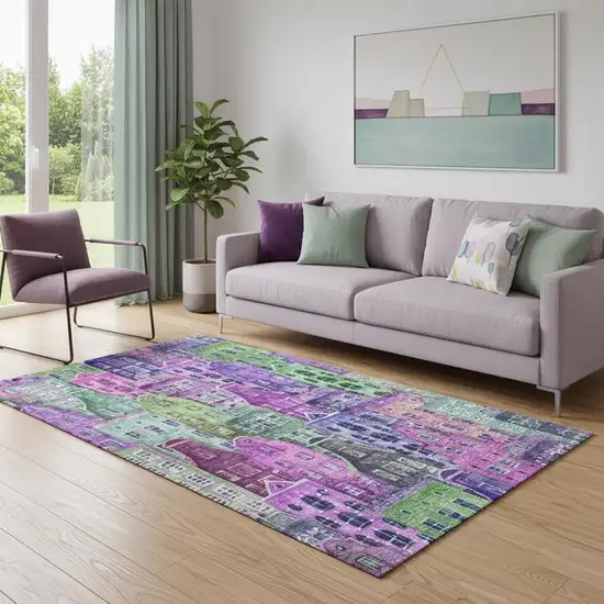 Purple Green And Pink Abstract Geometric Washable Area Rug With UV Protection Photo 1