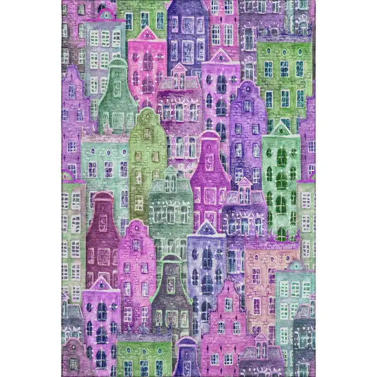Purple Green And Pink Abstract Geometric Washable Area Rug With UV Protection Photo 1