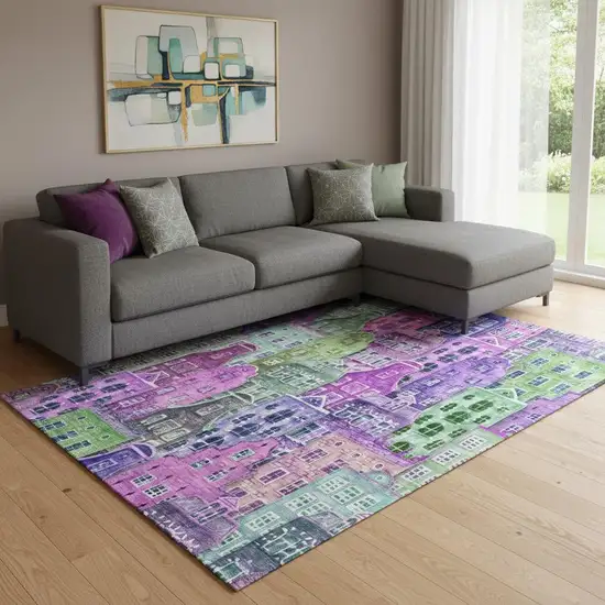 Purple Green And Pink Abstract Geometric Washable Area Rug With UV Protection Photo 1