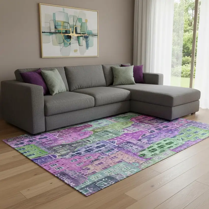 Purple Green And Pink Abstract Geometric Washable Area Rug With UV Protection Photo 1