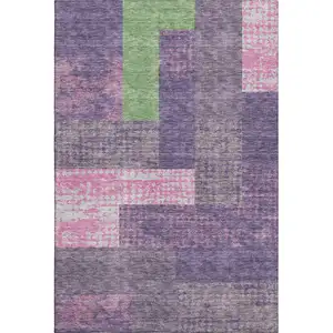 Photo of Purple Green And Pink Geometric Washable Area Rug With UV Protection