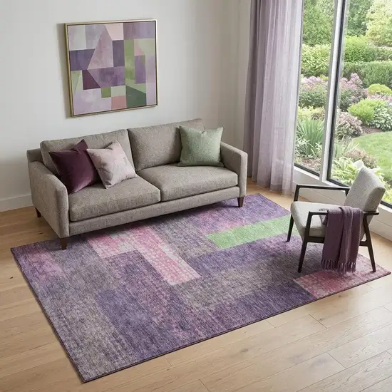 Purple Green And Pink Geometric Washable Area Rug With UV Protection Photo 1