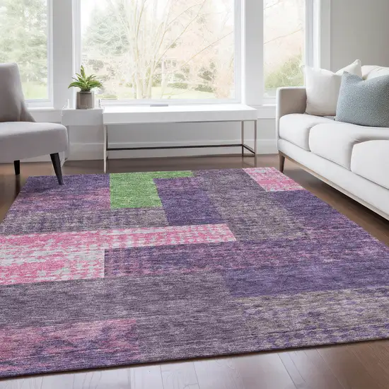 Purple Green And Pink Geometric Washable Area Rug With UV Protection Photo 5