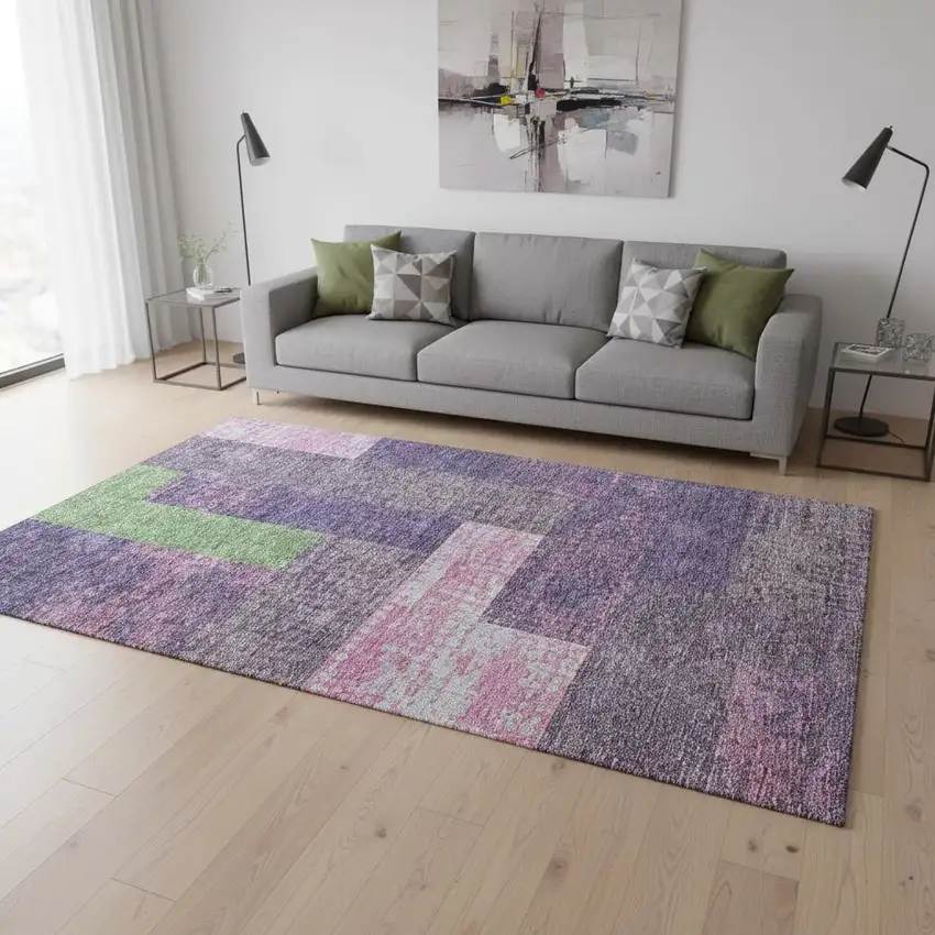 Purple Green And Pink Geometric Washable Area Rug With UV Protection Photo 2