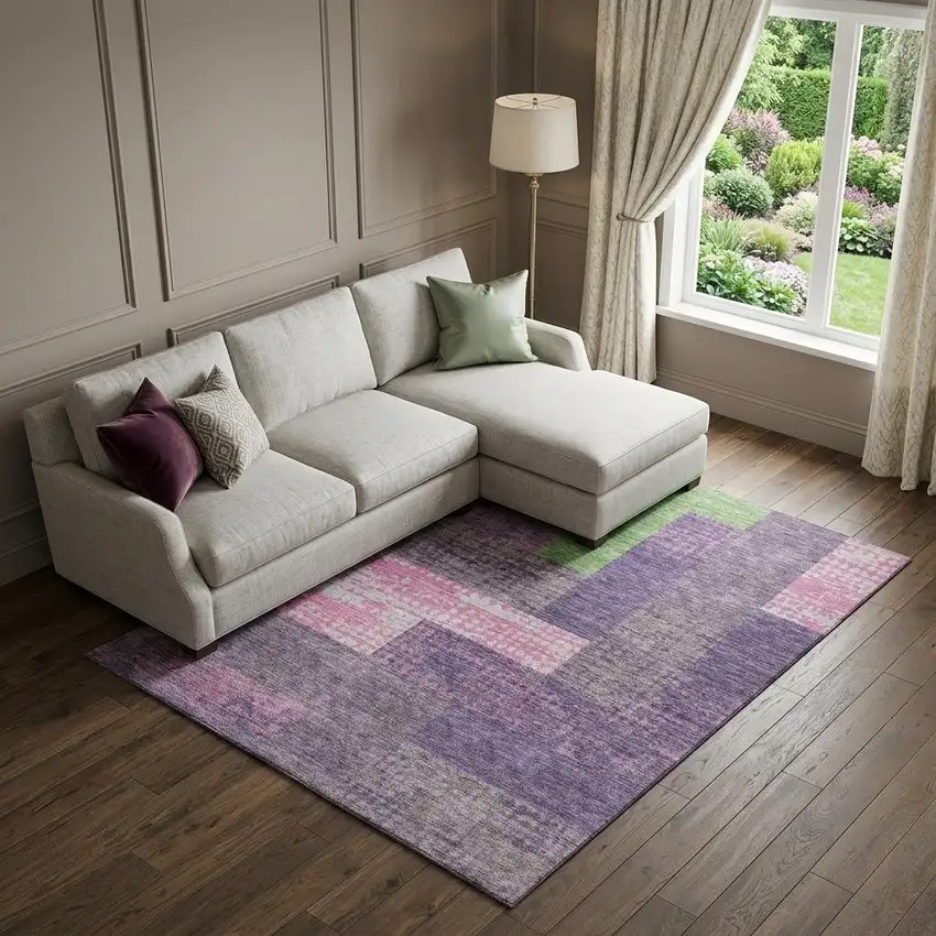 Purple Green And Pink Geometric Washable Area Rug With UV Protection Photo 1
