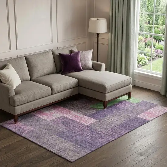 Purple Green And Pink Geometric Washable Area Rug With UV Protection Photo 1