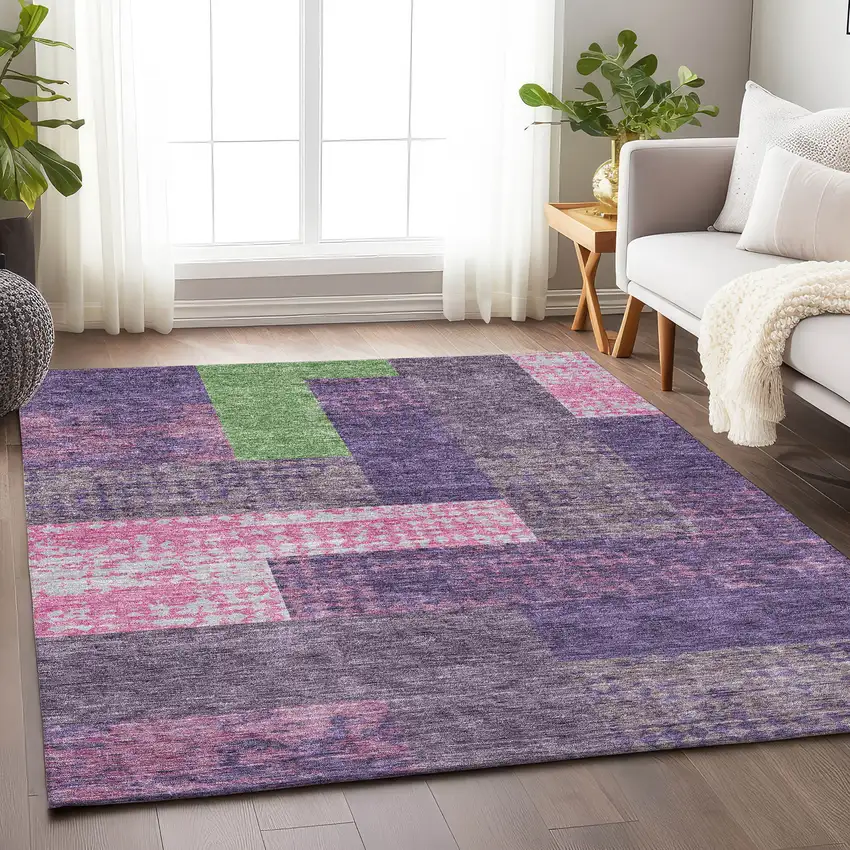 Purple Green And Pink Geometric Washable Area Rug With UV Protection Photo 4