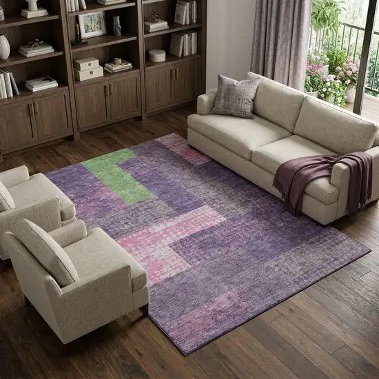 Purple Green And Pink Geometric Washable Area Rug With UV Protection Photo 1