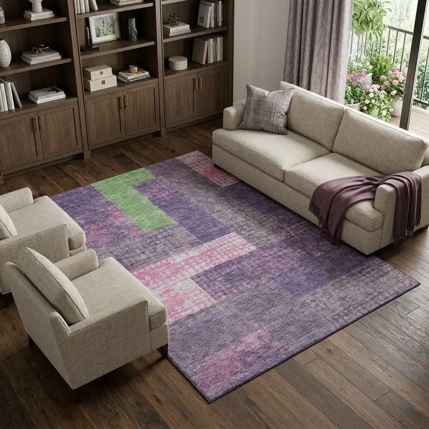 Purple Green And Pink Geometric Washable Area Rug With UV Protection Photo 1