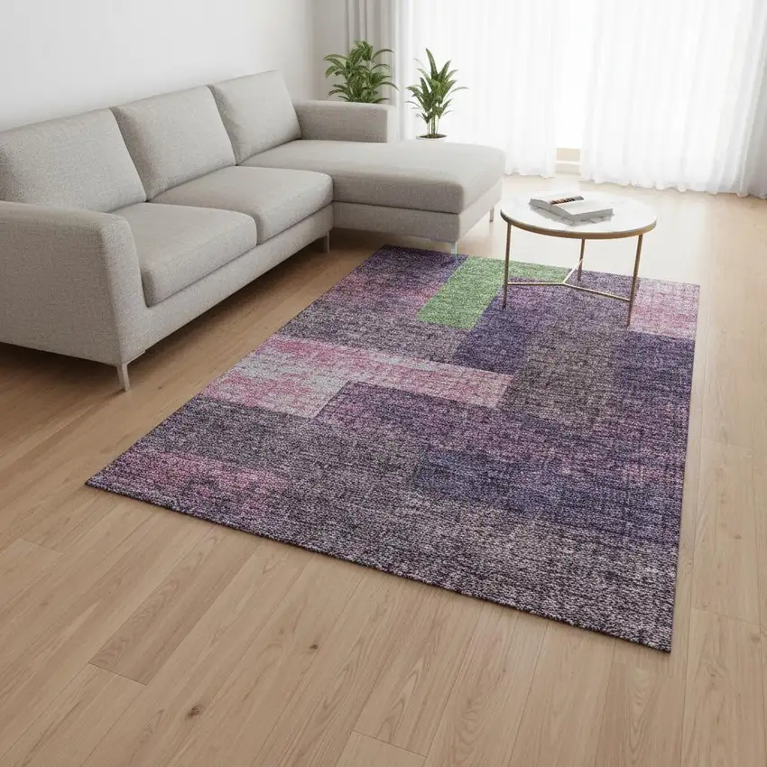 Purple Green And Pink Geometric Washable Area Rug With UV Protection Photo 2