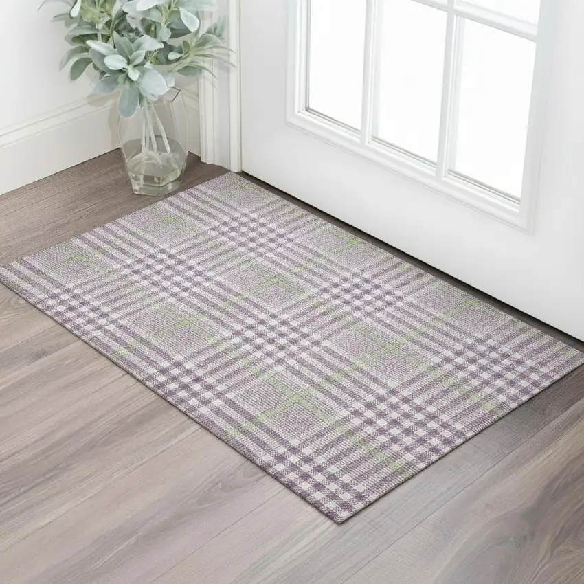 Purple Ivory And Artichoke Green Plaid Washable Area Rug With UV Protection Photo 2