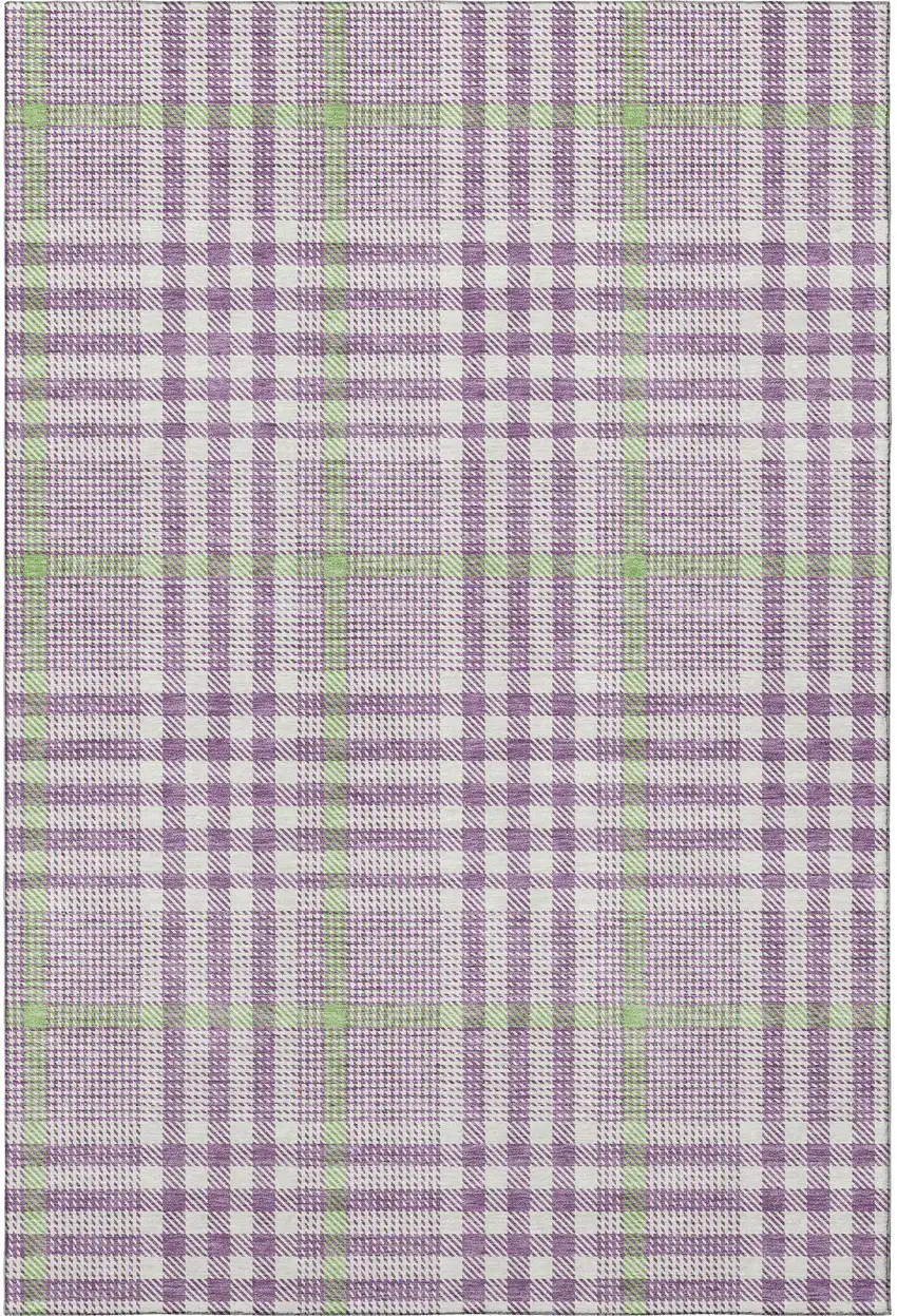 Purple Ivory And Artichoke Green Plaid Washable Area Rug With UV Protection Photo 3