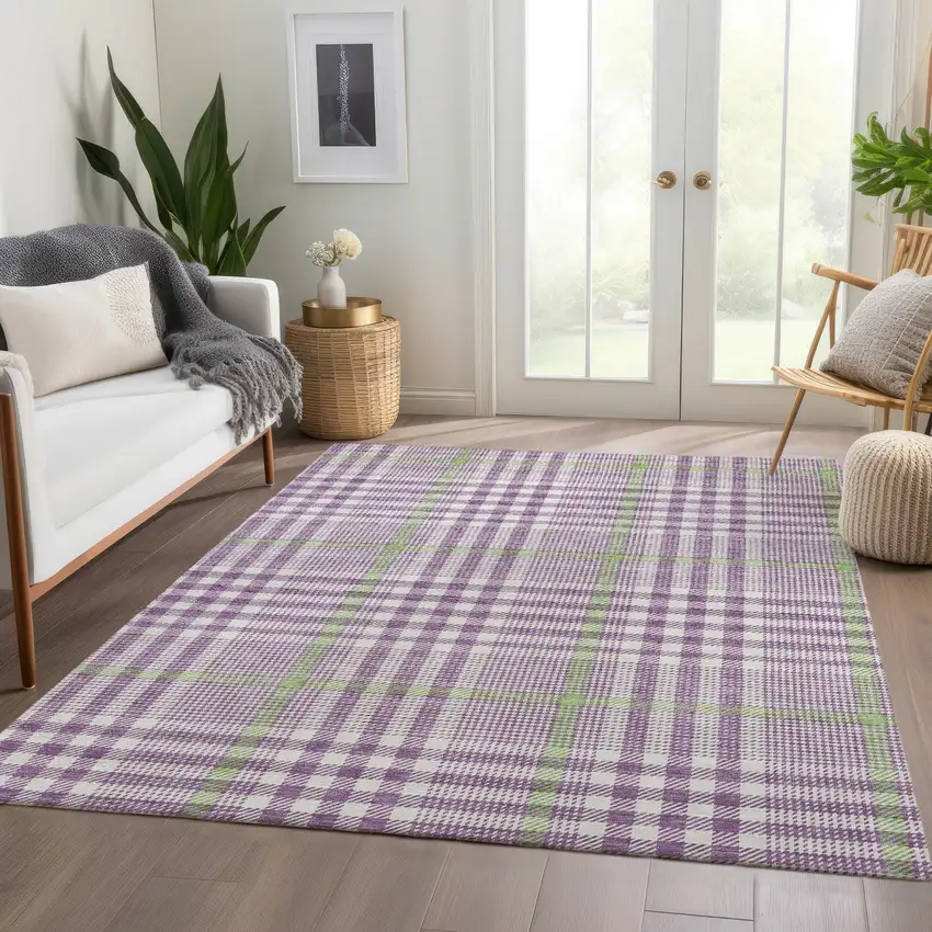 Purple Ivory And Artichoke Green Plaid Washable Area Rug With UV Protection Photo 5