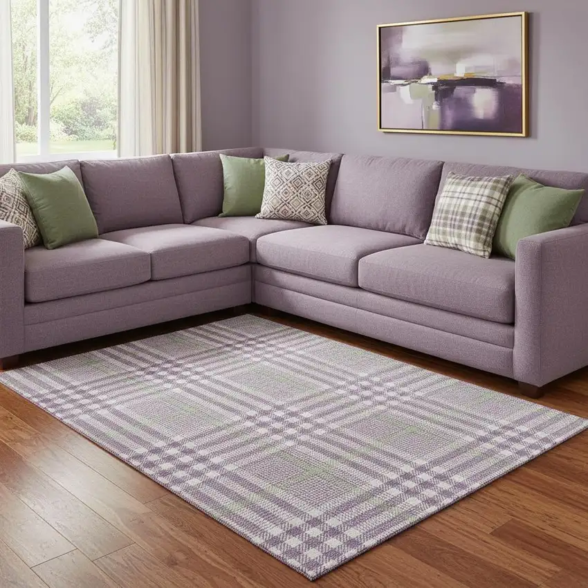 Purple Ivory And Artichoke Green Plaid Washable Area Rug With UV Protection Photo 2