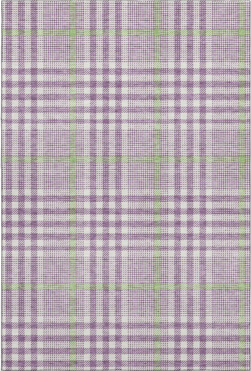 Purple Ivory And Artichoke Green Plaid Washable Area Rug With UV Protection Photo 1