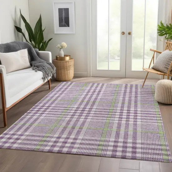 Purple Ivory And Artichoke Green Plaid Washable Area Rug With UV Protection Photo 5
