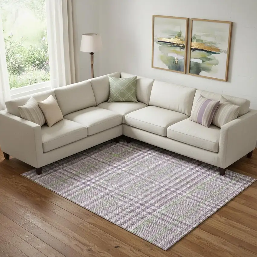 Purple Ivory And Artichoke Green Plaid Washable Area Rug With UV Protection Photo 2