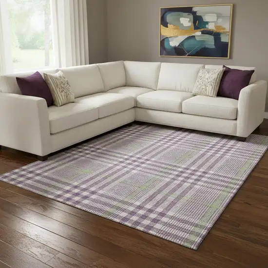 Purple Ivory And Artichoke Green Plaid Washable Area Rug With UV Protection Photo 2