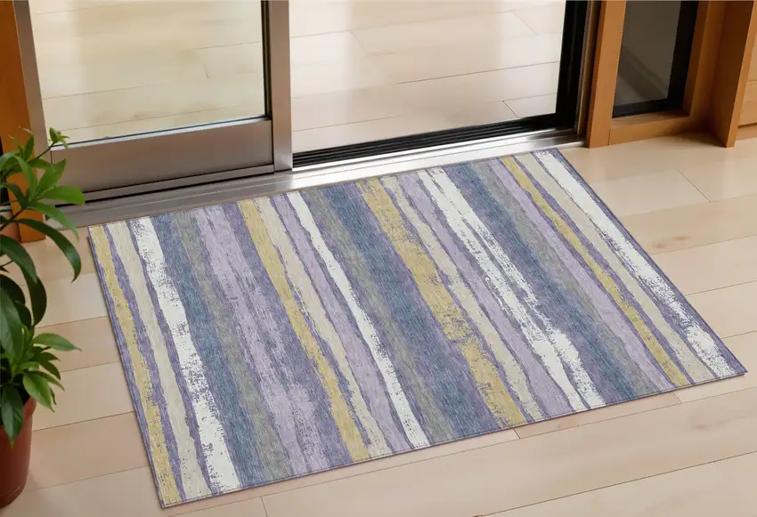 Purple Ivory And Beige Striped Washable Indoor Outdoor Area Rug Photo 1