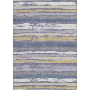Photo of Purple Ivory And Beige Striped Washable Indoor Outdoor Area Rug
