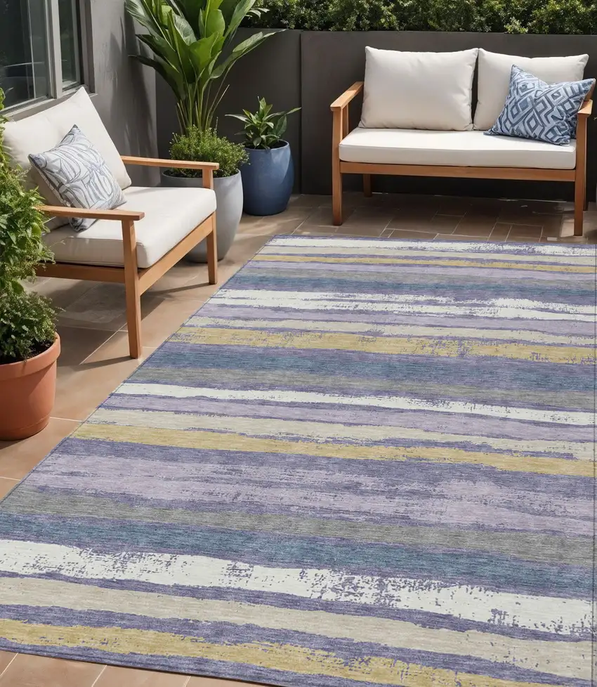 Purple Ivory And Beige Striped Washable Indoor Outdoor Area Rug Photo 1