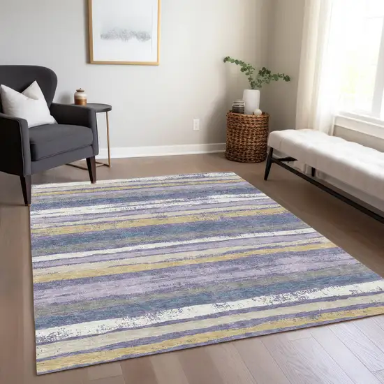 Purple Ivory And Beige Striped Washable Indoor Outdoor Area Rug Photo 9
