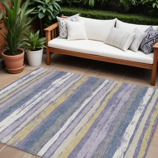 Purple Ivory And Beige Striped Washable Indoor Outdoor Area Rug Photo 1