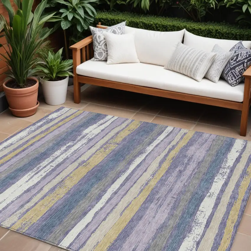 Purple Ivory And Beige Striped Washable Indoor Outdoor Area Rug Photo 1