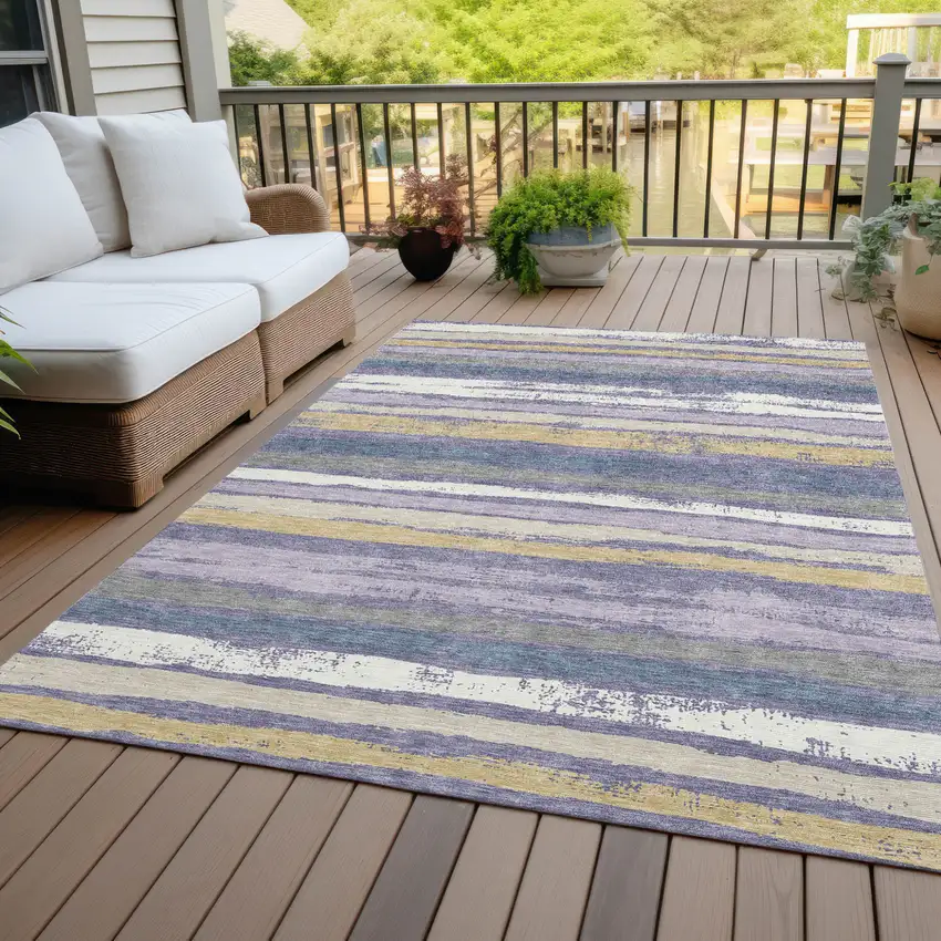 Purple Ivory And Beige Striped Washable Indoor Outdoor Area Rug Photo 8