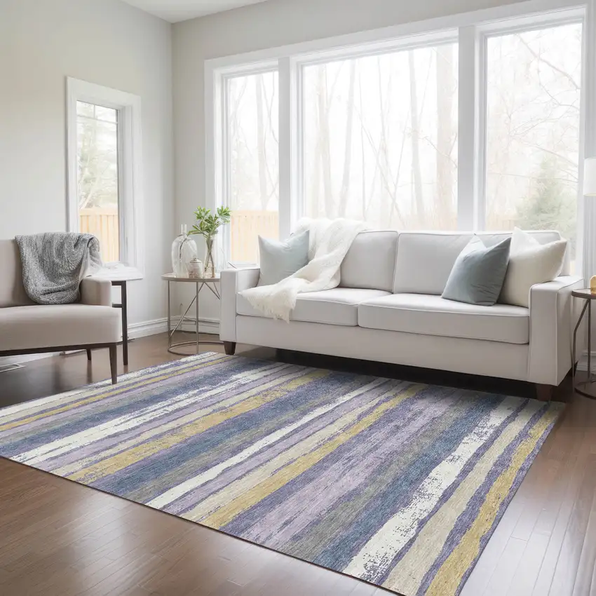 Purple Ivory And Beige Striped Washable Indoor Outdoor Area Rug Photo 9